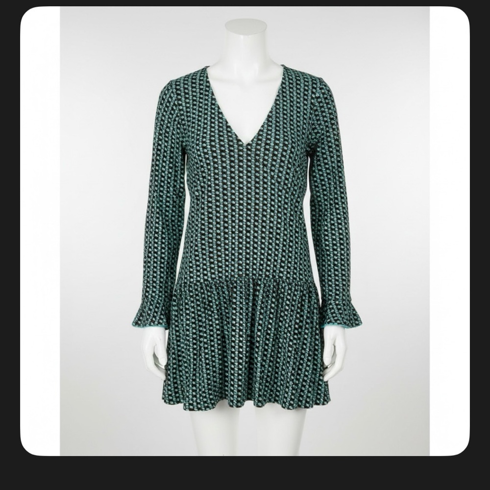 Alessia Women's Teal Black Heart Print Drop Waist Flared Sleeve Mini Dress S